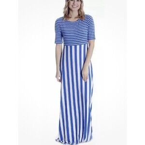 Matilda Jane Maxi Dress Out Of The Blue Size L Blue & White Stripe Short Sleeve